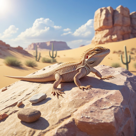 A close-up of a desert lizard situated on a textured, light-brown rock. The background depicts a typical arid landscape with sand dunes, various cacti, and distant rock formations under a bright blue sky with white clouds. The sun is shining, casting shadows and emphasizing the rough surfaces of the rock and the lizard's spiky appearance.の素材