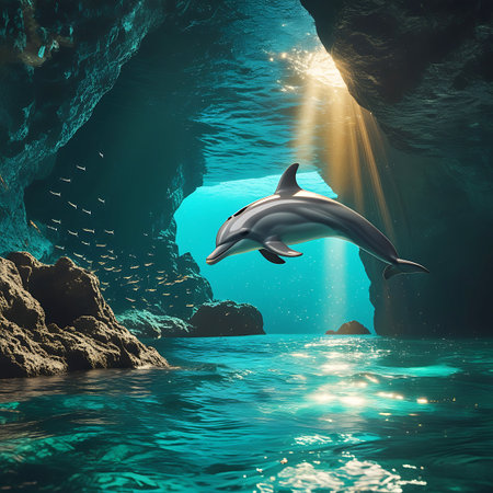 A single dolphin gracefully swims through a sunlit underwater cave. Beams of light pierce the turquoise water, illuminating the rocky formations and a school of small fish swimming in the distance. The scene evokes a sense of wonder and the beauty of the ocean's hidden depths.の素材