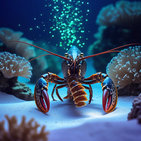 A detailed close-up of a large lobster positioned on a sandy ocean floor. The lobster is facing the viewer, with its prominent claws extended. Its segmented body shows vibrant colors of red, orange, and blue. Delicate antennae extend forward. In the dark blue water above, a cluster of bright green, glowing bubbles creates a magical effect. The seabed is sandy, with hints of coral and anemones visible on the sides, suggesting a natural marine environment.の素材