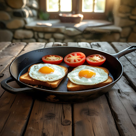 Two perfectly fried eggs with runny yolks sit on slices of toast in a black cast iron skillet. Slices of ripe red tomato are arranged alongside the eggs. The skillet rests on a rustic wooden table, with a stone wall and a sunlit window in the background, creating a warm and inviting breakfast scene.の素材