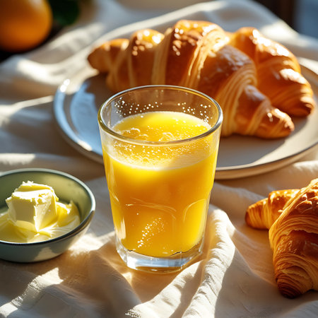 A glass of vibrant orange juice with small bubbles sits in the foreground, catching the sunlight. Next to it, a small bowl contains a pat of butter. In the background, a plate holds two golden-brown croissants, and another croissant is visible on the right. The scene is set on a textured white cloth, with soft light illuminating the breakfast spread.の素材