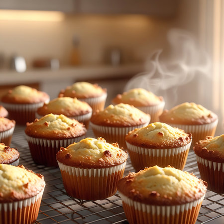 A close-up view of numerous golden-brown muffins arranged on a wire cooling rack. The muffins are baked in white paper liners and have a slightly domed, fluffy top. Wisps of steam rise from the warm baked goods, suggesting they have just come out of the oven. The background is softly blurred, showing a kitchen counter and cabinets, with warm light illuminating the scene.の素材