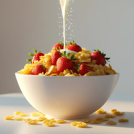 A close-up, eye-level shot of a white bowl overflowing with golden corn flakes and topped with vibrant red strawberries. A stream of white milk is being poured into the bowl, creating a gentle splash and scattering small droplets. A few corn flakes are scattered on the white surface around the bowl, illuminated by soft, bright lighting.の素材