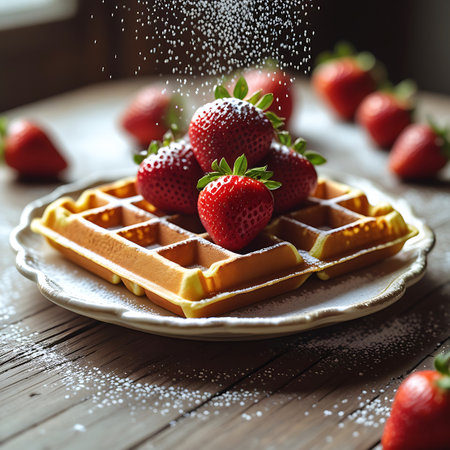 A close-up shot of a golden waffle topped with fresh, ripe strawberries. Powdered sugar is being sprinkled from above, creating a delicate dusting over the fruit and waffle. The waffle sits on a white plate with a decorative edge, placed on a rustic wooden surface. Several more strawberries are scattered around the plate and in the background, with shallow depth of field blurring the surroundings.の素材