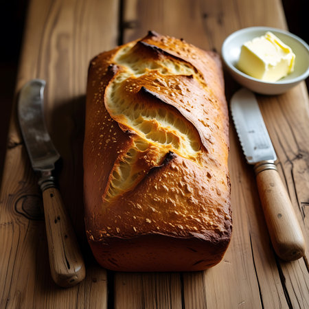 A close-up, overhead view of a golden-brown, crusty loaf of bread with visible sesame seeds and a deep score mark on top. To the right, a small white dish holds a pat of butter. Two knives with wooden handles, one on each side of the loaf, are positioned on a rustic wooden table. The lighting highlights the texture of the bread and the grain of the wood.の素材