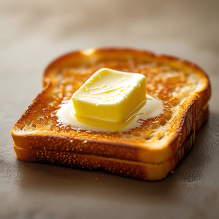 A close-up shot of a slice of golden brown toast with a square of butter melting in the center. The butter is glistening and has begun to pool around the edges. The toast has a crispy texture with visible pores and a rich brown color. The background is a dark, textured surface, creating a rustic and appetizing feel.の素材
