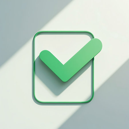 A bright green check mark is prominently displayed inside a square frame with rounded corners. The symbol casts a distinct shadow on a clean, light-colored surface, suggesting a sense of completion or approval. The lighting creates a subtle depth and highlights the smooth, three-dimensional form of the check mark and its container.の素材