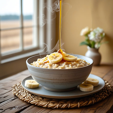 A close-up, slightly elevated view of a steaming bowl of oatmeal topped with sliced bananas and a drizzle of golden honey. The oatmeal is served in a light-colored ceramic bowl resting on a round wicker placemat on a rustic wooden table. A small plate is placed beneath the bowl, with a few banana slices arranged on it. A silver spoon lies to the left of the bowl. Wisps of steam rise from the hot porridge. In the background, a window with a grid pattern offers a blurred view of the outdoors,...の素材