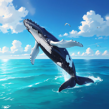 A humpback whale performs an impressive breach, emerging from the vibrant turquoise ocean waters. Its large body, marked with black and white patches, is suspended in the air with water splashing around it. The scene is set against a clear blue sky dotted with white, puffy clouds, and a few seagulls are visible in the distance.の素材