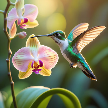 A tiny hummingbird with iridescent green and white plumage hovers gracefully in mid-air, its wings a blur of motion. It is positioned near a cluster of delicate pink and yellow orchids, with its long beak reaching towards a bloom. The scene is bathed in warm sunlight, creating a soft bokeh effect in the background with shades of green and yellow.の素材