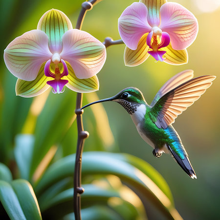 A hummingbird with vibrant green and blue plumage hovers near two blooming orchid flowers. Its long, slender beak is extended towards the center of a pink and yellow orchid. The bird's wings are blurred with motion, and the sunlight catches its iridescent feathers. The background is softly blurred with green foliage and warm bokeh highlights.の素材