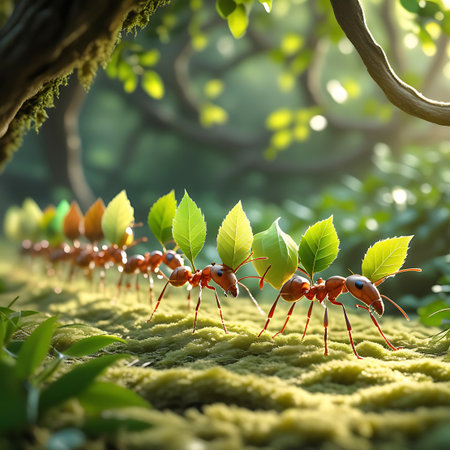 A procession of ants moves along a mossy forest path, each carrying a leaf. The leaves transition in color from green at the front to orange and yellow towards the back, suggesting a change in season or variety. Sunlight streams through the trees, illuminating the scene and highlighting the textures of the moss and the ants' bodies. The background is a blurred expanse of green foliage and branches.の素材