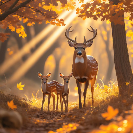 A majestic deer with impressive antlers stands in a sun-dappled autumn forest, accompanied by two smaller fawns. Golden sunlight streams through the trees, illuminating falling orange and yellow leaves and creating visible sunbeams. The forest floor is covered in fallen foliage. The deer are a warm brown color with white spots on the fawns.の素材