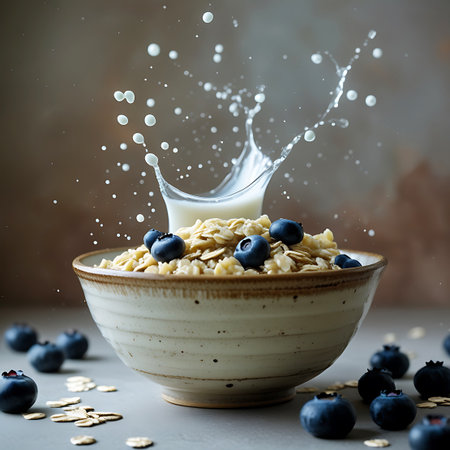 A ceramic bowl filled with oatmeal is topped with fresh blueberries. A dynamic splash of milk erupts from the center of the bowl, with droplets frozen in mid-air. Several blueberries and scattered oat flakes are visible on the surface around the bowl, against a textured brown background.の素材