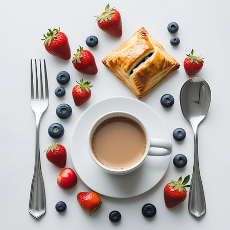 A top-down flat lay on a white background showcases a breakfast arrangement. A white cup of coffee is centrally placed on a saucer. A golden-brown square pastry with a dark berry filling sits above the coffee. Fresh strawberries and blueberries are scattered around the scene. A silver fork is to the left of the coffee cup, and a silver spoon is to the right. A few whole cherries are also visible among the berries. The composition is clean, bright, and appealing, suggesting a delightful start...の素材