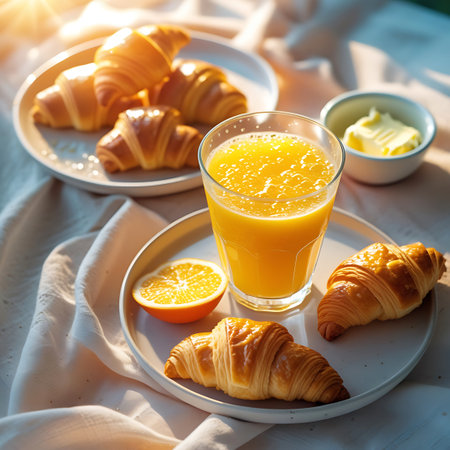 A delightful breakfast arrangement includes a glass of fresh orange juice, several golden croissants on a plate, a small dish of butter, and a bright orange slice. The scene is set on a textured white cloth, illuminated by warm sunlight, creating a cheerful and appetizing atmosphere. This spread offers a balanced and refreshing start to the day.の素材