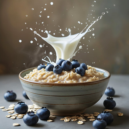A rustic ceramic bowl contains oatmeal topped with fresh blueberries. A dramatic splash of milk is captured in motion, with numerous droplets suspended in the air above the bowl. More blueberries and oat flakes are scattered on the surface around the bowl, set against a muted, textured background.の素材