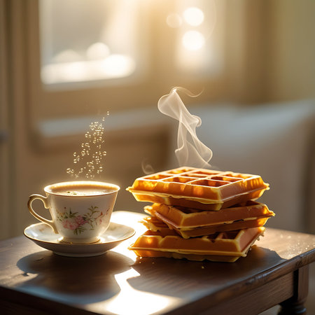 A charming teacup adorned with a floral pattern holds steaming coffee, placed on its saucer. Adjacent to the cup is a stack of golden waffles. Warm sunlight illuminates the scene from a window, creating a soft, diffused background with noticeable bokeh. The composition is set on a wooden table, conveying a sense of comfort and a delightful morning start.の素材