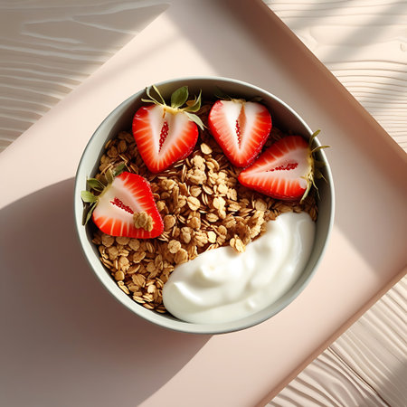 An overhead shot of a bowl containing granola, a swirl of yogurt, and sliced strawberries. The bowl sits on a light pink tray with a wood-grain pattern. Sunlight casts distinct shadows across the food and the tray, creating a visually appealing composition.の素材