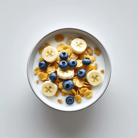 An overhead view of a breakfast bowl filled with golden corn flakes and creamy milk. The cereal is topped with fresh blueberries and perfectly sliced rounds of ripe banana. The composition is clean and simple, highlighting the textures and colors of the ingredients. The white background provides a minimalist setting, emphasizing the appetizing appearance of the healthy breakfast.の素材