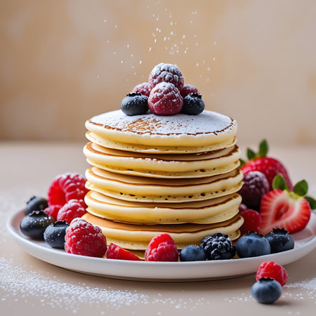 A generous stack of fluffy pancakes sits on a white plate, dusted with fine powdered sugar. The top of the stack is decorated with vibrant raspberries and blueberries. Around the plate, a colorful assortment of fresh berries, including raspberries, blueberries, and strawberries, are arranged. The background is a soft, neutral tone.の素材