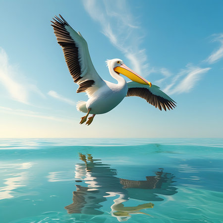 A white pelican is depicted in mid-air, its wings spread wide as it flies over tranquil blue water. The bird's reflection is visible on the water's surface, which is calm and reflects the blue sky and white clouds above. The pelican's distinctive yellow beak and white plumage are clearly visible.の素材