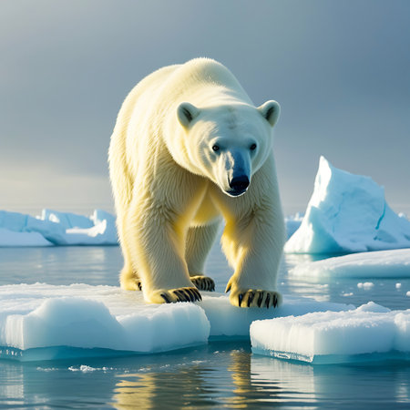 A large polar bear is captured mid-stride as it walks across a fragmented ice floe in the Arctic ocean. The bear's thick white fur is illuminated by a warm, golden light, contrasting with the cool blues of the water and the ice. Several other ice floes and a distant iceberg are visible in the background under a soft, overcast sky. The water reflects the light and the surrounding ice, creating a shimmering effect. The image depicts the bear navigating its icy habitat.の素材