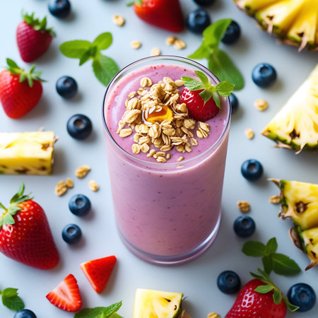 A detailed, close-up shot of a pink berry smoothie in a glass. The drink is topped with granola, a whole strawberry with a mint leaf, and a drizzle of honey. The glass is positioned on a light gray surface, surrounded by fresh strawberries, blueberries, pineapple slices, and mint leaves, creating a colorful and inviting composition.の素材