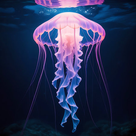 A stunning jellyfish with a pink-hued bell and flowing blue tentacles is depicted in a dark, underwater setting. The creature's translucent form is brightly illuminated, creating a striking contrast with the deep blue water. A subtle reflection of light is visible on the surface above, adding depth to the scene.の素材