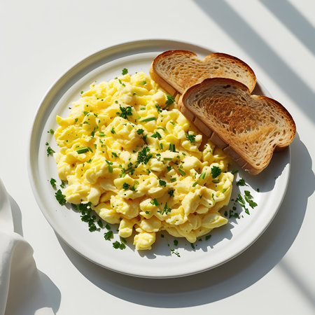 A white plate holds a generous portion of fluffy scrambled eggs, garnished with finely chopped chives and parsley. Two slices of golden-brown toasted bread are placed on the side of the eggs. The image is shot from a top-down perspective, with natural light casting soft shadows across the plate and the white surface it rests on.の素材
