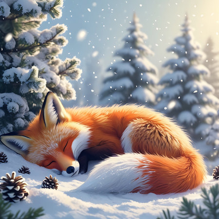 A fluffy red fox is peacefully sleeping, curled up in a blanket of fresh snow. Its vibrant orange fur contrasts with the white snow and the dark pine cones scattered around it. Delicate snowflakes are falling, creating a magical winter atmosphere. In the background, snow-covered evergreen trees stand tall, completing this serene and picturesque winter woodland scene.の素材