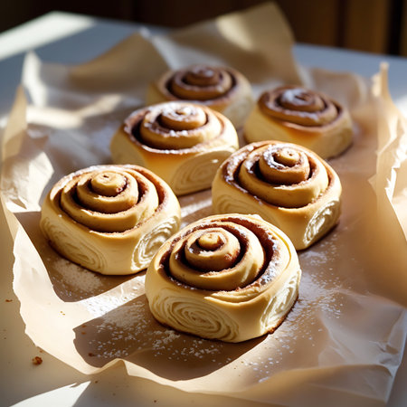 A group of six golden-brown cinnamon rolls are presented on a bed of crumpled brown parchment paper. Each roll displays a distinct cinnamon swirl and is lightly sprinkled with powdered sugar. The warm, directional sunlight casts shadows across the rolls and paper, emphasizing their texture and inviting appearance.の素材