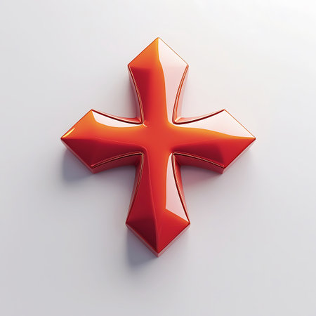 A glossy, three-dimensional red cross symbol with sharp, pointed edges is presented against a clean white background. The polished surface reflects light, creating highlights and casting a distinct shadow, emphasizing its form and depth. The design is bold and striking, suitable for various symbolic representations.の素材