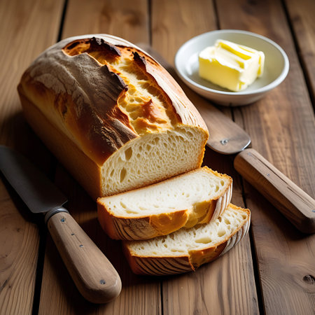 A close-up, slightly overhead view of a sliced loaf of crusty bread resting on a rustic wooden table. The bread has a golden-brown crust and a soft, white interior with visible air pockets. Three slices are cut and arranged next to the loaf. A small white bowl containing a pat of butter and a knife with a wooden handle are also present on the table, suggesting a meal.の素材