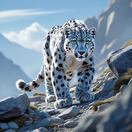 A snow leopard with intense green eyes is depicted walking on a rugged, rocky mountainside. The animal's white and black spotted coat stands out against the grey rocks and sparse vegetation. The background features distant, hazy mountains under a clear blue sky, emphasizing the harsh yet beautiful environment of this elusive wild cat.の素材