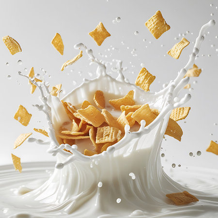 Square-shaped cereal pieces are captured mid-air as they splash into a dynamic wave of white milk. Numerous milk droplets and splashes surround the falling cereal, creating a sense of motion and energy. The background is a clean white, emphasizing the food and liquid interaction.の素材