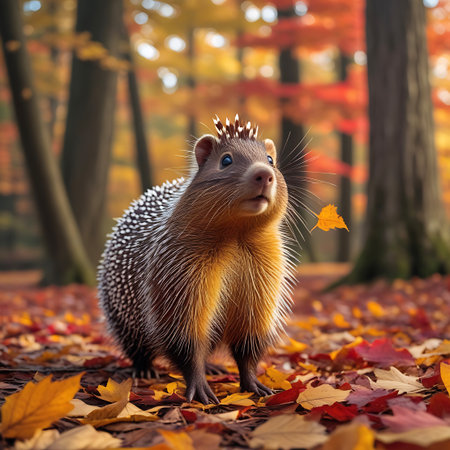 A small, furry rodent with spiky white quills and a brown body stands on a forest floor covered in colorful autumn leaves. The animal has a curious expression and a crown of delicate white and brown spikes on its head, with a single yellow leaf floating near its nose. The background is a soft blur of tall trees with golden and red foliage, illuminated by dappled sunlight.の素材