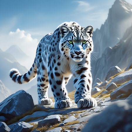 A majestic snow leopard with striking green eyes walks forward on a rocky, mountainous path. Its distinctive spotted fur is clearly visible against the backdrop of rugged slopes and a bright blue sky with scattered clouds. The animal is captured in a dynamic pose, showcasing its powerful build and natural grace in its high-altitude environment.の素材