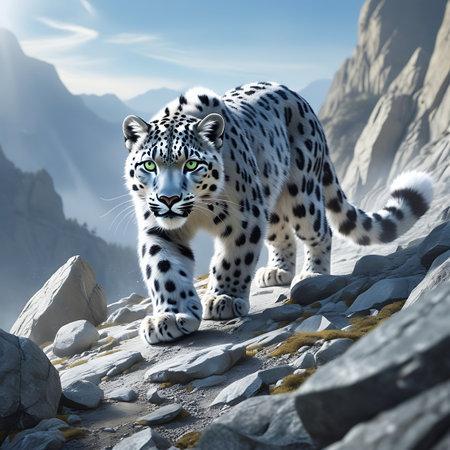 A magnificent snow leopard walks purposefully across a rugged, rocky mountain slope. Its distinctive spotted fur provides camouflage against the grey and brown stones. The leopard's piercing green eyes are focused forward, and its muscular body is poised for movement. The background features a vast expanse of mountains under a bright, clear sky with scattered clouds, highlighting the harsh and beautiful environment of this elusive predator.の素材