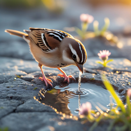 A close-up view of a small bird with brown and white striped plumage drinking water from a shallow puddle on a textured rocky surface. The bird's beak is submerged in the water, creating ripples. Sunlight casts a warm glow on the scene, highlighting the wet stones and the reflection in the puddle. Out-of-focus pink flowers and green grass add a touch of color to the background.の素材