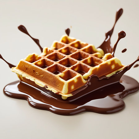 A golden brown square waffle sits in a pool of rich, dark chocolate sauce. The chocolate has spread out, creating a glossy surface with some subtle ripples. The waffle's characteristic grid pattern is well-defined, and its edges show a slight crispness. The lighting highlights the textures of both the waffle and the molten chocolate, making it look appetizing. The background is a soft, neutral color.の素材