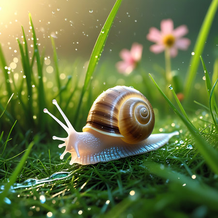 A detailed macro shot of a snail with a brown and tan spiral shell slowly crawling across vibrant green grass. Numerous dewdrops glisten on the blades of grass and on the snail's translucent body. Soft sunlight illuminates the scene, creating a bokeh effect in the background where two small pink flowers are visible. The focus is sharp on the snail, highlighting its delicate antennae and the texture of its shell and foot.の素材
