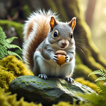 A delightful close-up of a grey squirrel perched on a moss-covered rock in a sunlit forest. The squirrel is holding a single acorn in its paws, looking directly at the viewer. Lush green moss and ferns surround the rock, with a blurred forest backdrop. The lighting suggests a peaceful, natural environment.の素材