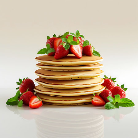 A tall stack of fluffy, golden-brown pancakes is presented on a clean white surface. The top layer is generously adorned with vibrant red strawberries, some whole and some halved, interspersed with fresh green mint leaves. Several whole and sliced strawberries, along with more mint sprigs, are scattered around the base of the pancake stack, creating an inviting and fresh presentation. The lighting is soft and bright, highlighting the textures and colors of the food.の素材