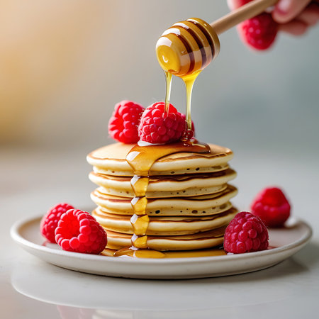 A close-up shot of a stack of golden pancakes adorned with fresh, vibrant red raspberries. Honey is being drizzled from a wooden dipper, creating a glistening cascade over the pancakes and berries. The scene is set on a white plate, with a few scattered raspberries around the stack, suggesting a delightful breakfast or dessert. The lighting creates a warm, inviting atmosphere.の素材