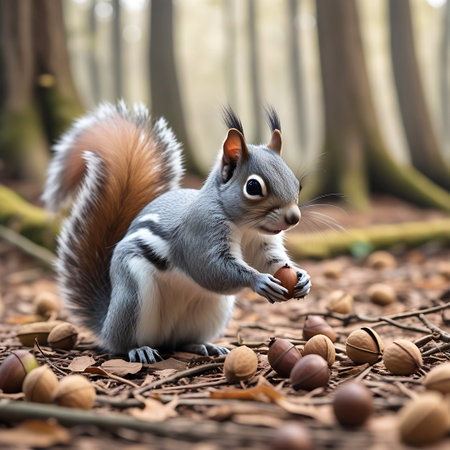 A detailed shot of a grey squirrel in a forest environment. The squirrel is positioned on the ground amidst fallen leaves and twigs, holding a nut in its paws. Its fluffy tail is prominent. The background is softly blurred, showing the trunks of trees and hints of green moss, suggesting a damp, natural woodland setting.の素材