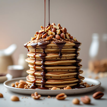 A tall stack of golden brown pancakes is generously drizzled with dark chocolate syrup, which drips down the sides. The top of the stack is covered with a mix of chopped hazelnuts and almonds, adding a crunchy texture. Several whole nuts are scattered around the plate and on the surface. The background is softly blurred, with hints of a jug and a bowl, suggesting a breakfast or dessert setting.の素材