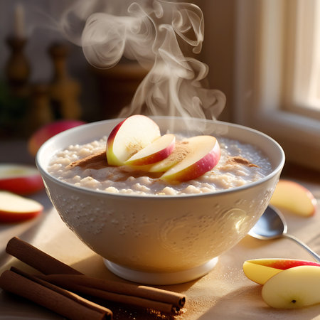 A close-up shot of a white bowl filled with steaming oatmeal, topped with fresh apple slices and a sprinkle of cinnamon. Wisps of steam rise from the warm porridge, indicating its freshness and inviting aroma. Cinnamon sticks and more apple slices are scattered around the bowl on a wooden surface, suggesting a wholesome and comforting breakfast.の素材