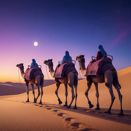 Three figures, cloaked in blue and red, ride camels across vast desert sand dunes under a deep twilight sky. A full moon hangs in the sky, casting a soft glow on the undulating dunes. The camels are adorned with colorful blankets, and their footprints mark the sandy path of their journey.の素材