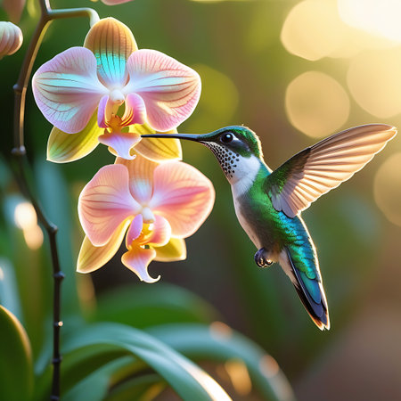 A small hummingbird, showcasing its vibrant green and white feathers, hovers near two delicate orchids. The bird's long beak is extended towards one of the flowers, suggesting it is feeding on nectar. The scene is illuminated by warm, golden sunlight, creating a soft, diffused bokeh effect in the background. The focus is sharp on the bird and flowers, highlighting their intricate details.の素材